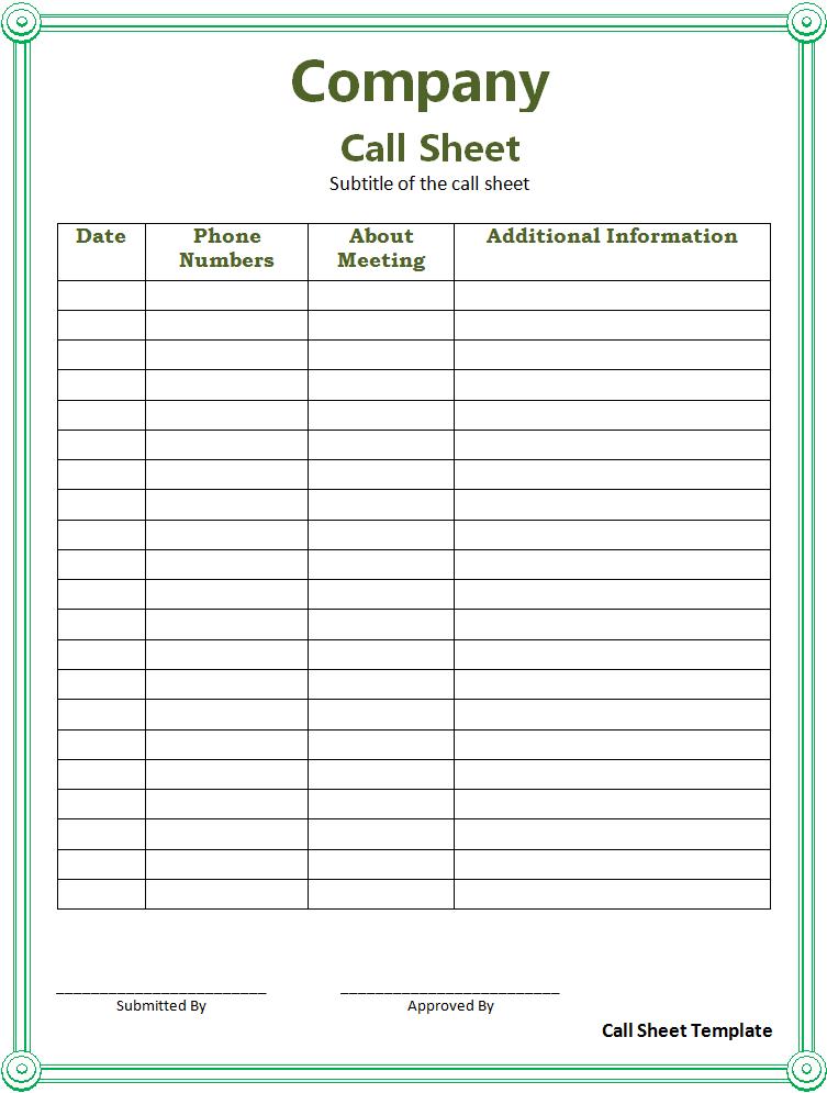 Call Sheet Format Free Word Templates