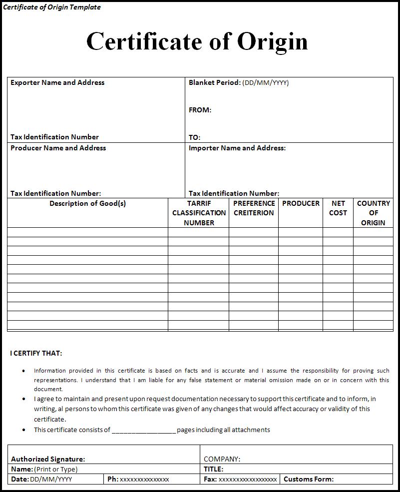 Free Certificate Of Origin Template Free Word s Templates