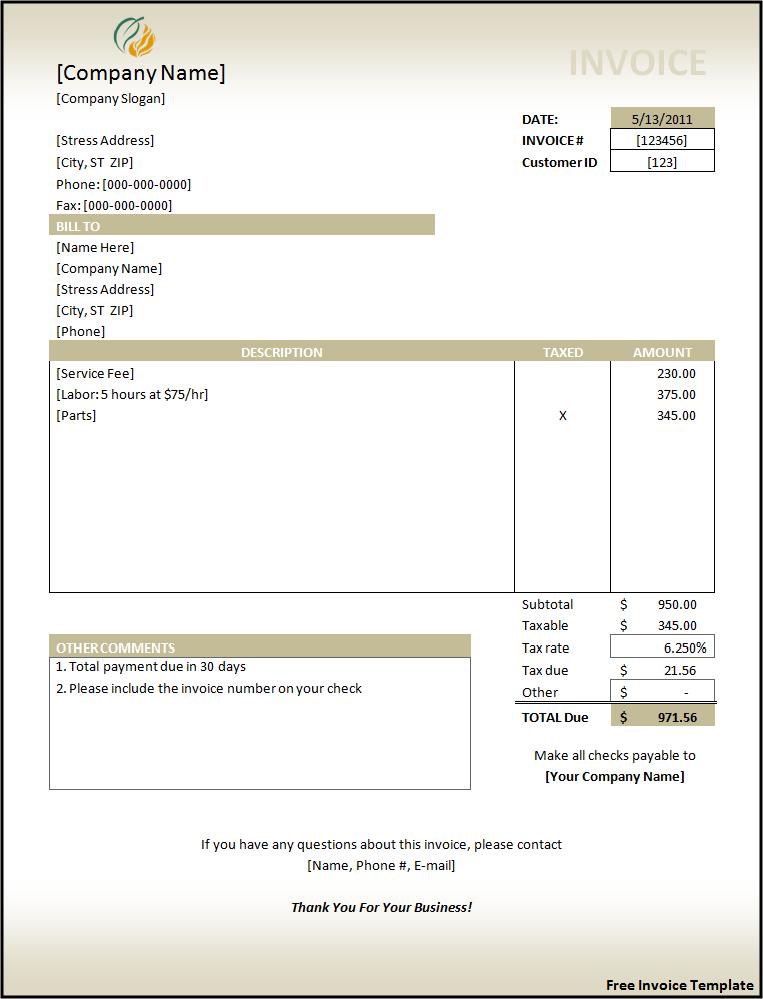 Sample Invoice Template Free Word Templates