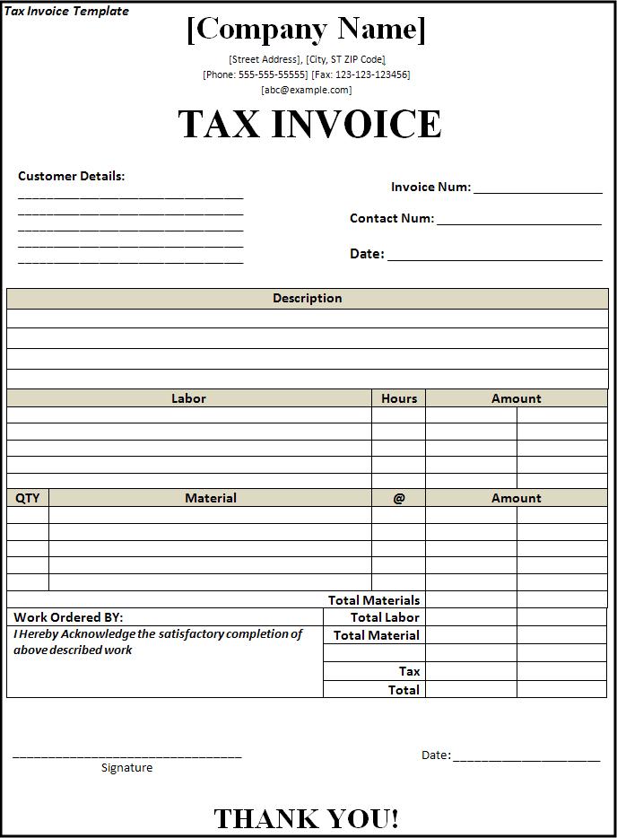 Tax Invoice Template Free Word s Templates