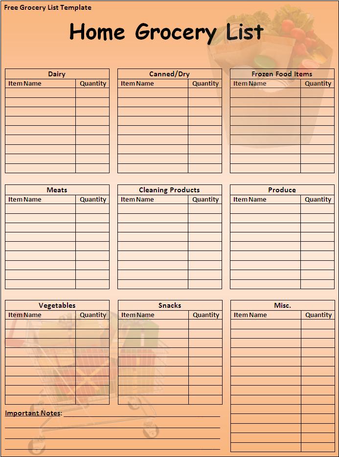 Sample Grocery List | Free Word's Templates