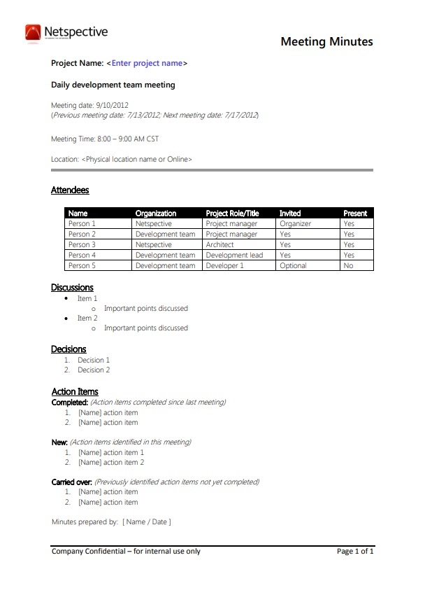 Minutes Of Meeting Template PDF