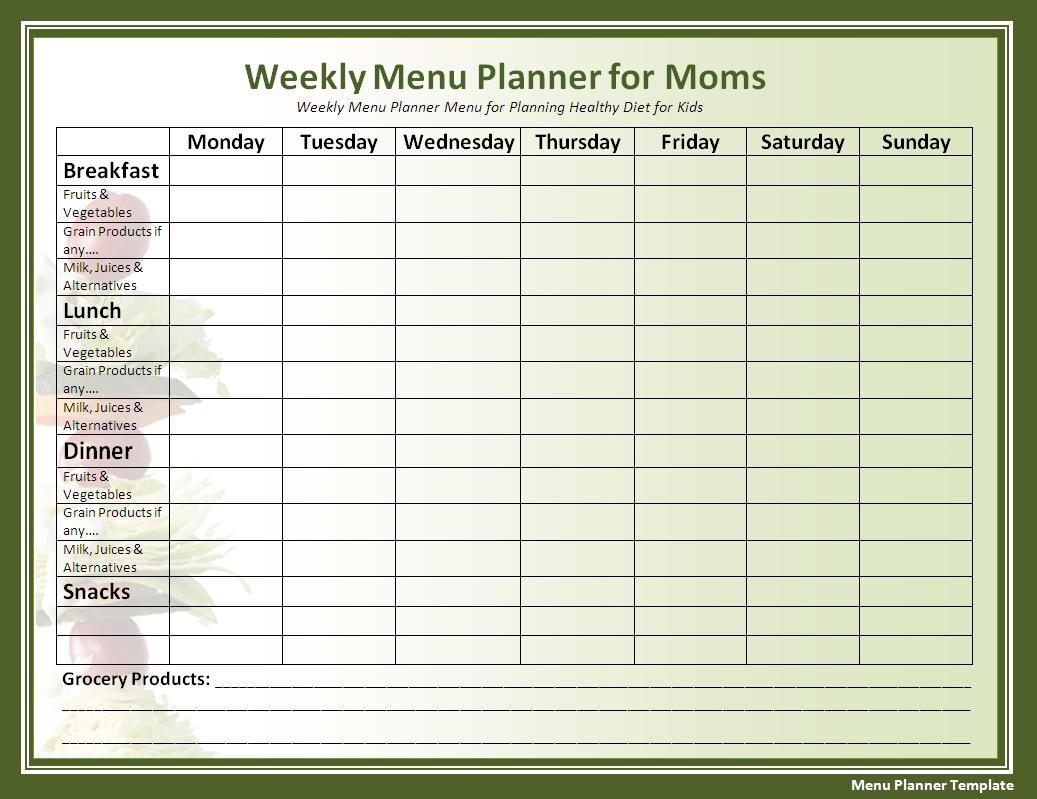 blank menu calendar for one month