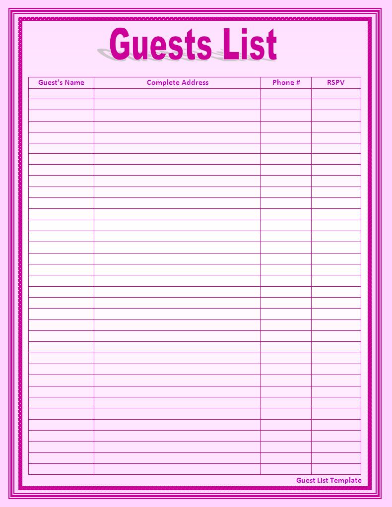 Guest List Template Free Word Templates