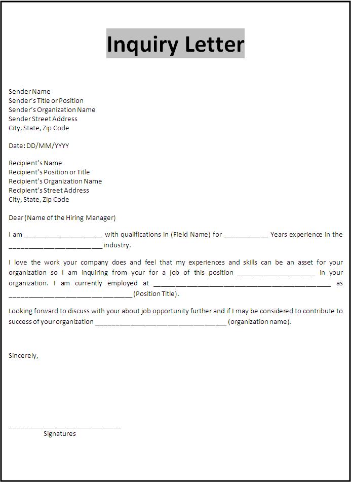 Purchase Inquiry Letter Free Word Templates