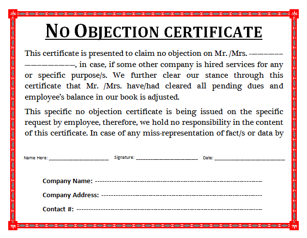 Free No Objection Certificate Format Free Word Templates