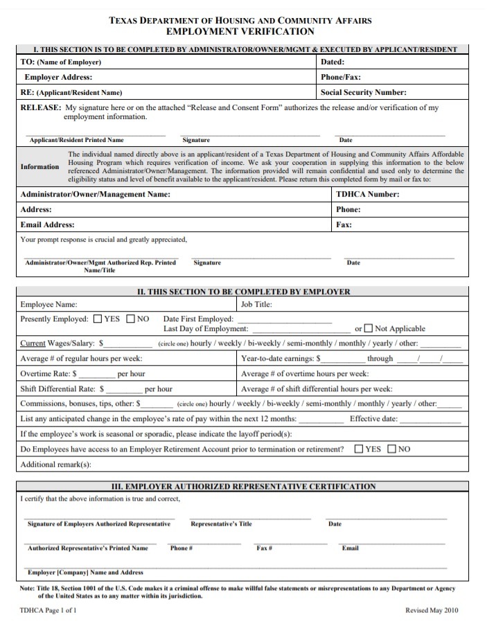 Sample Employment Verification Form | Free Word Templates