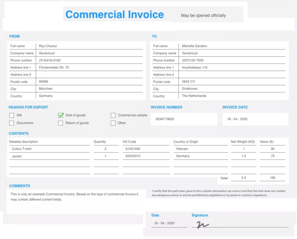 commercial invoice printable template