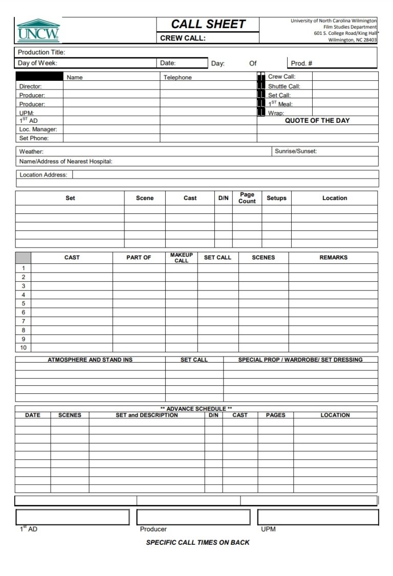 Call Sheet Template Free Word Templates