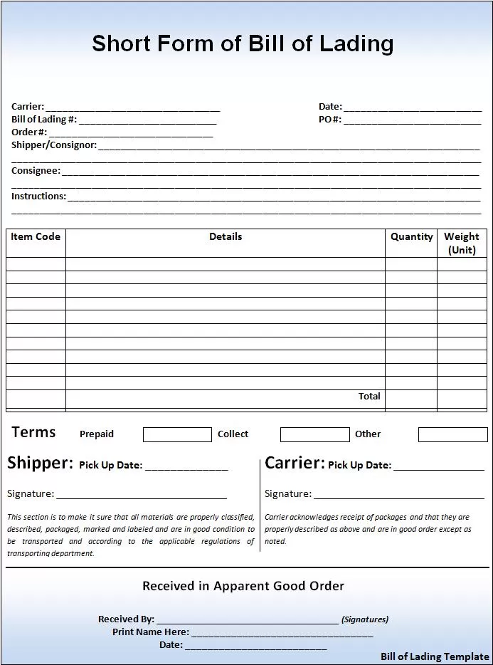 Bill of Lading Template