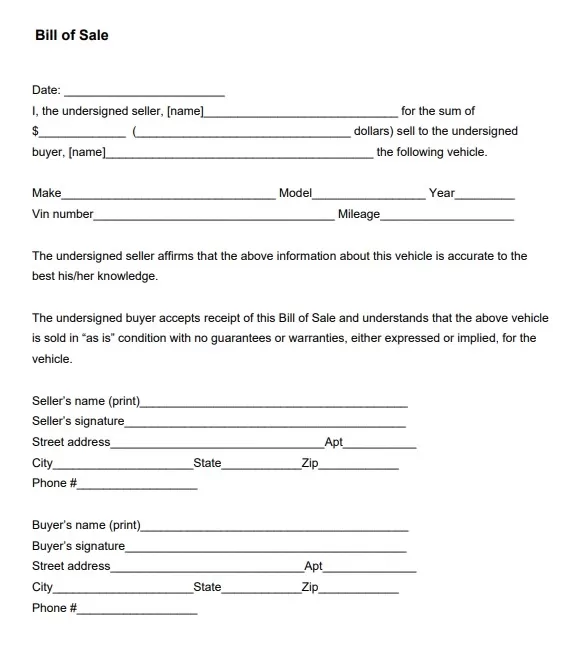 Bill of Sale Template PDF