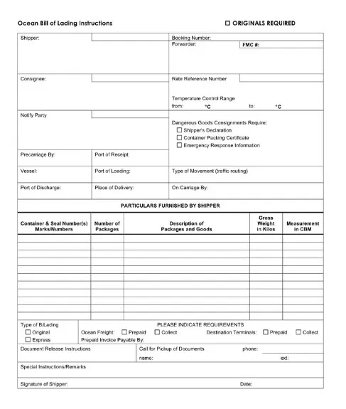 Blank Bill of Lading Invoice Template