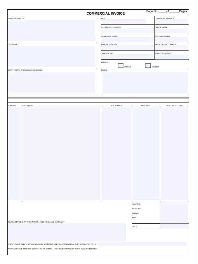 Blank Commercial Invoice Template