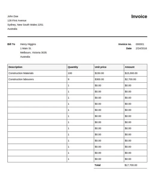 Blank Construction Invoice Template