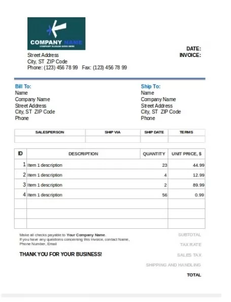 Blank Invoice Template Excel