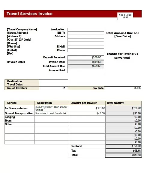 Blank Travel Invoice Template