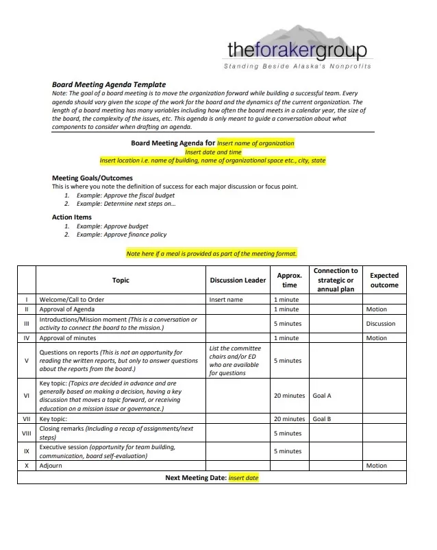 Board Meeting Agenda Format