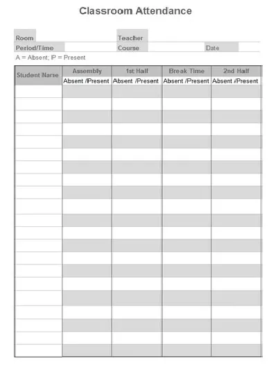 Classroom Attendance Sheet Template