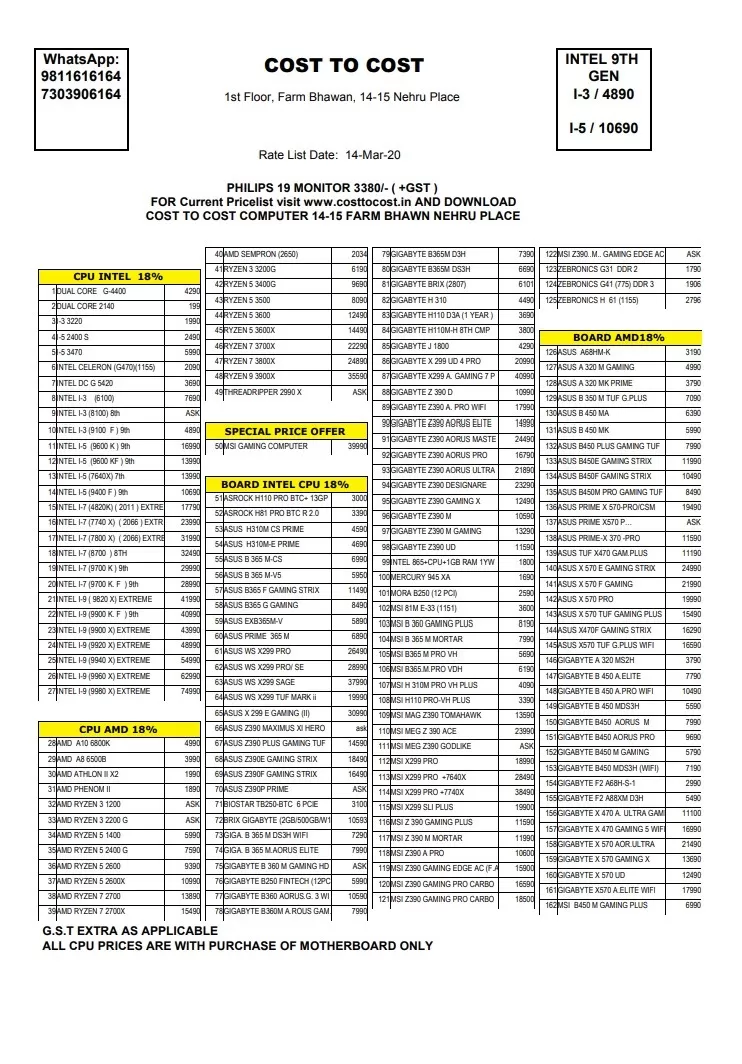 Cost to Cost Price List Template