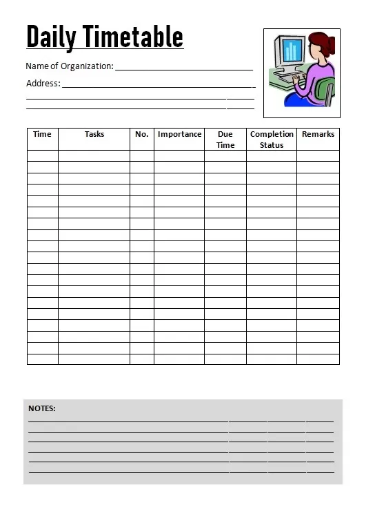 Daily Timetable Template