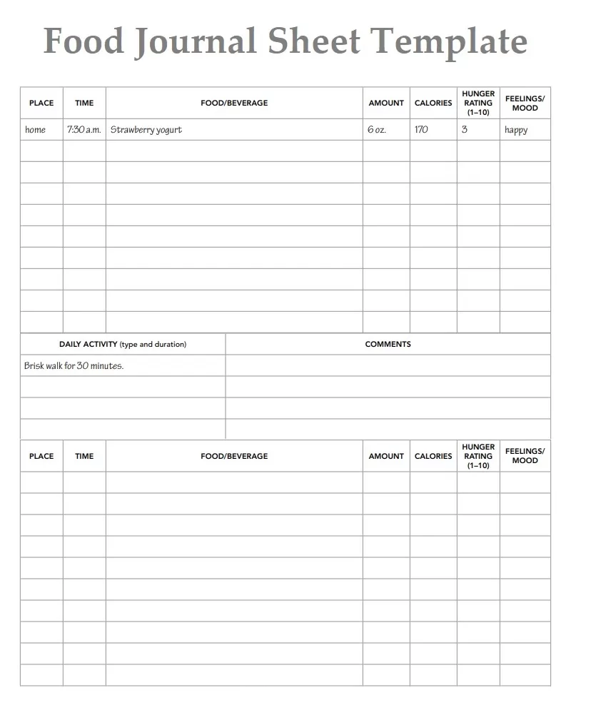 Food Journal Sheet Template