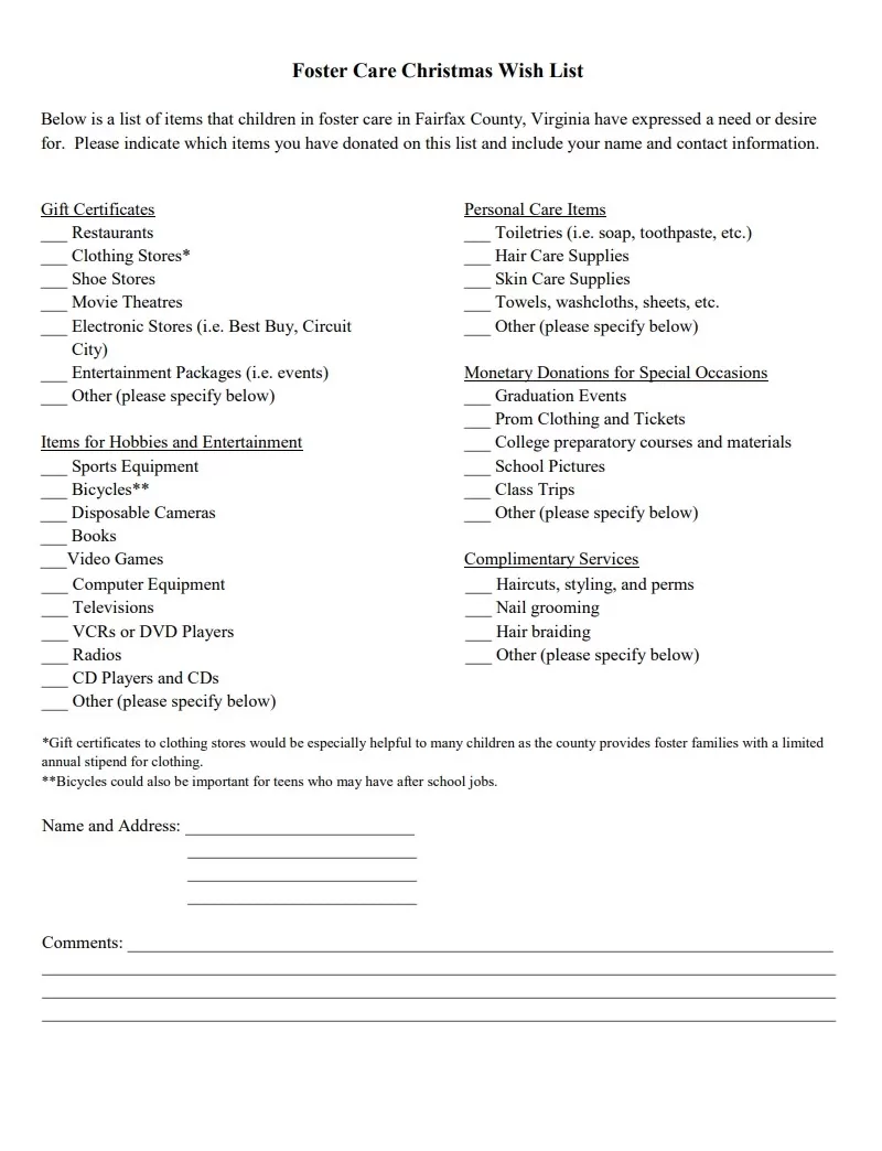 Foster Care Christmas Wish List Template