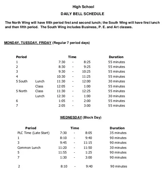 High School Daily Schedule Template