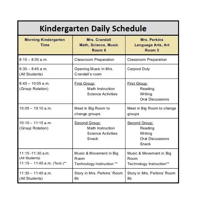 Kindergarten Daily Schedule Template