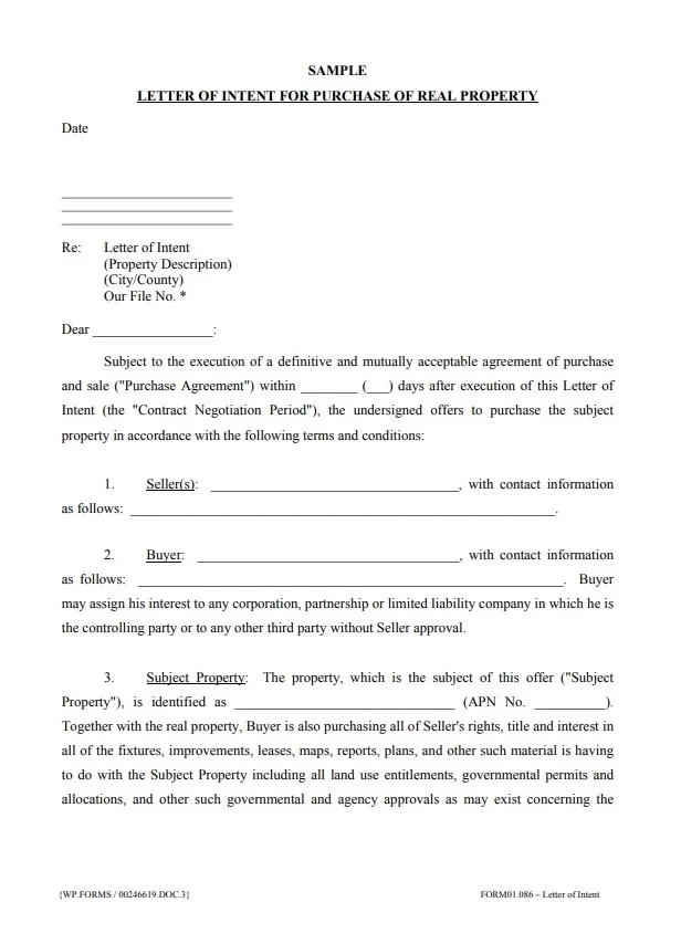 Letter of Intent for Purchase of Property