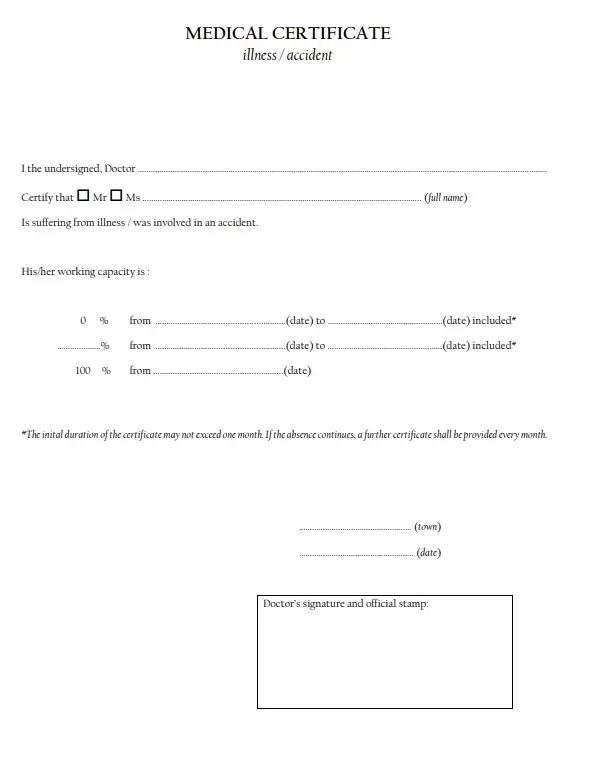 Medical Certificate for Illness Format