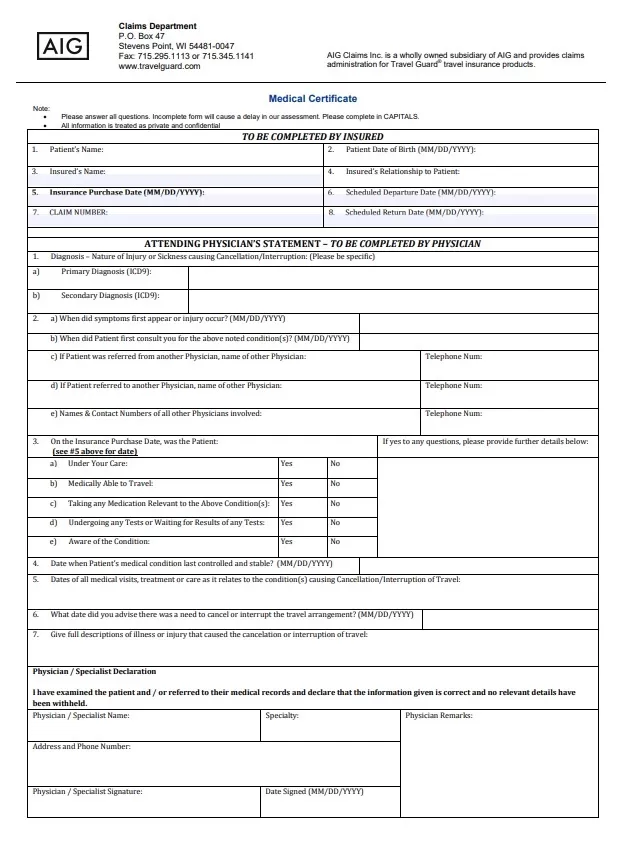 Medical Certificate for Travel Sample