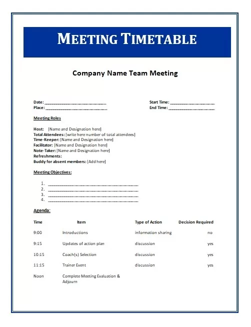 Meeting Timetable Template