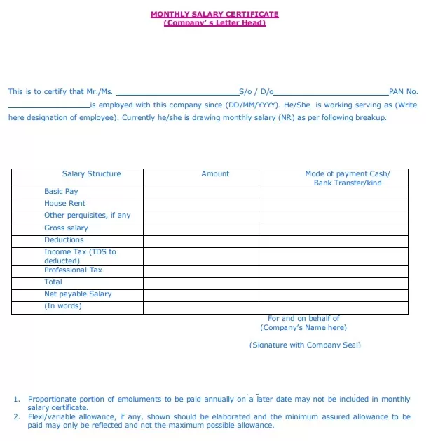 Monthly Salary Certificate Format