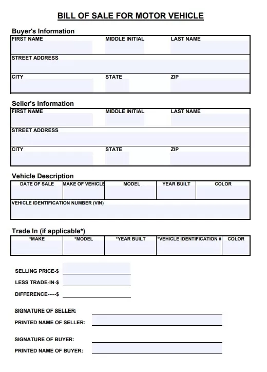 Motor Vehicle Bill of Sale Template