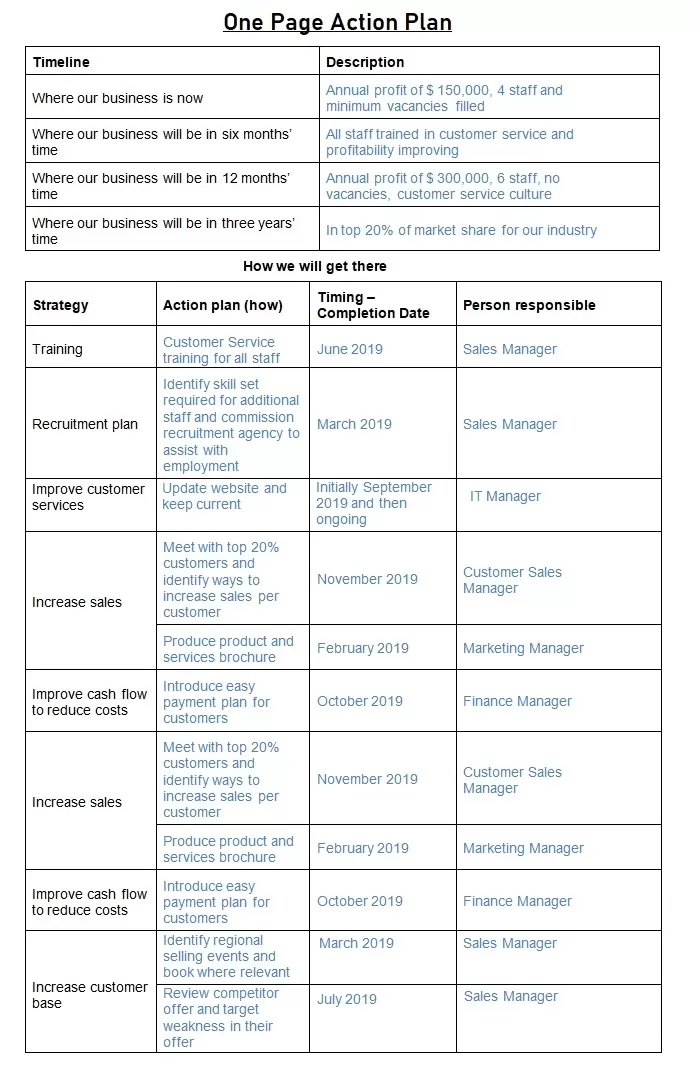 One Page Action Plan Template