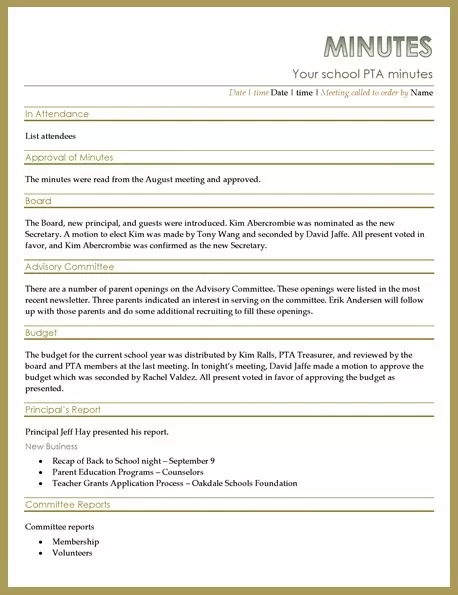 PTA Meeting Minutes Template