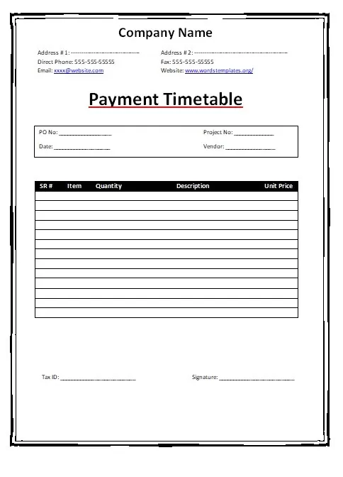 Payment Timetable Template