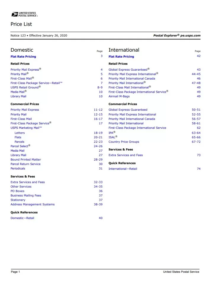 Postal Price List Template