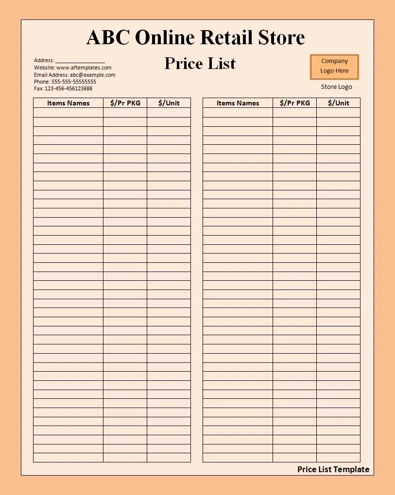 Price List Template