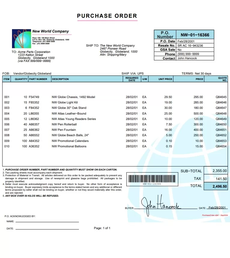 Purchase Order Format