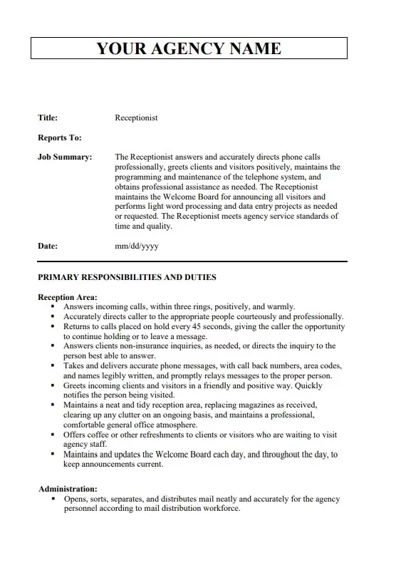 Receptionist Job Description Template