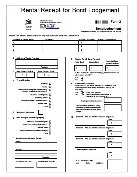 Rental Receipt for Bond Lodgment