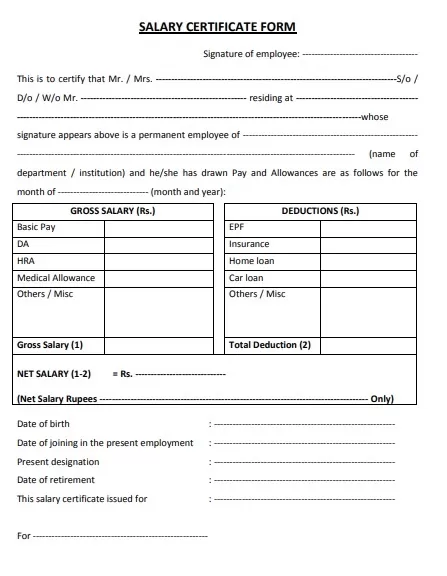 Salary Certificate Form