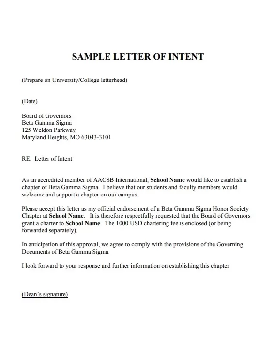 Sample Letter of Intent