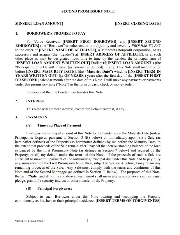 Second Promissory Note Template