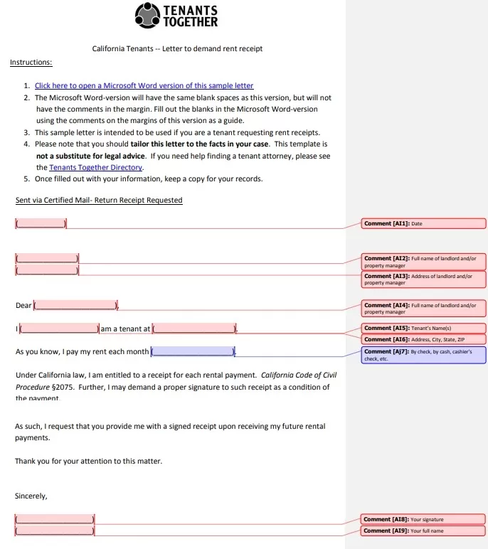 Tenant Rent Receipt Template