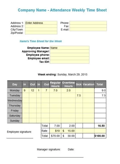 Work Attendance Sheet Template