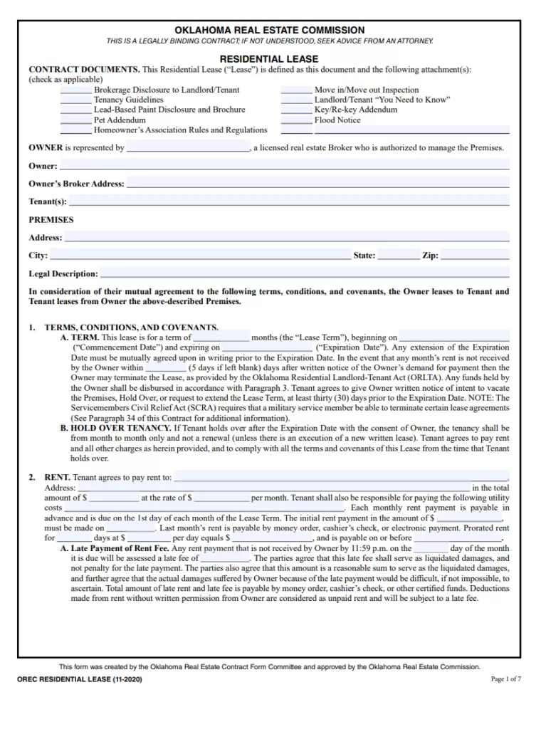 Oklahoma Lease Agreement Template