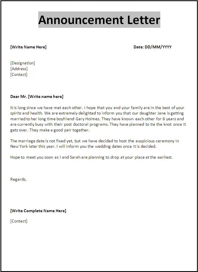 Announcement Letter Template