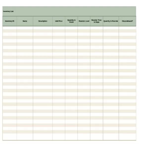 Inventory List Template Excel